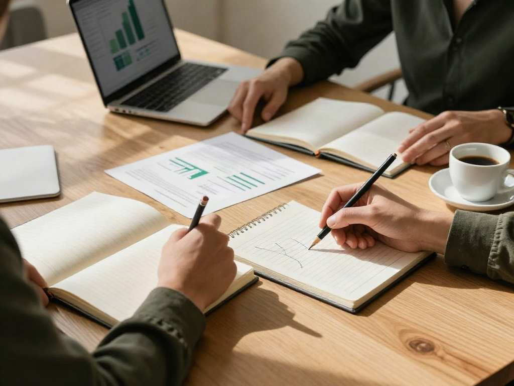 A close look at strategy notes, business performance charts, and a shared working session
