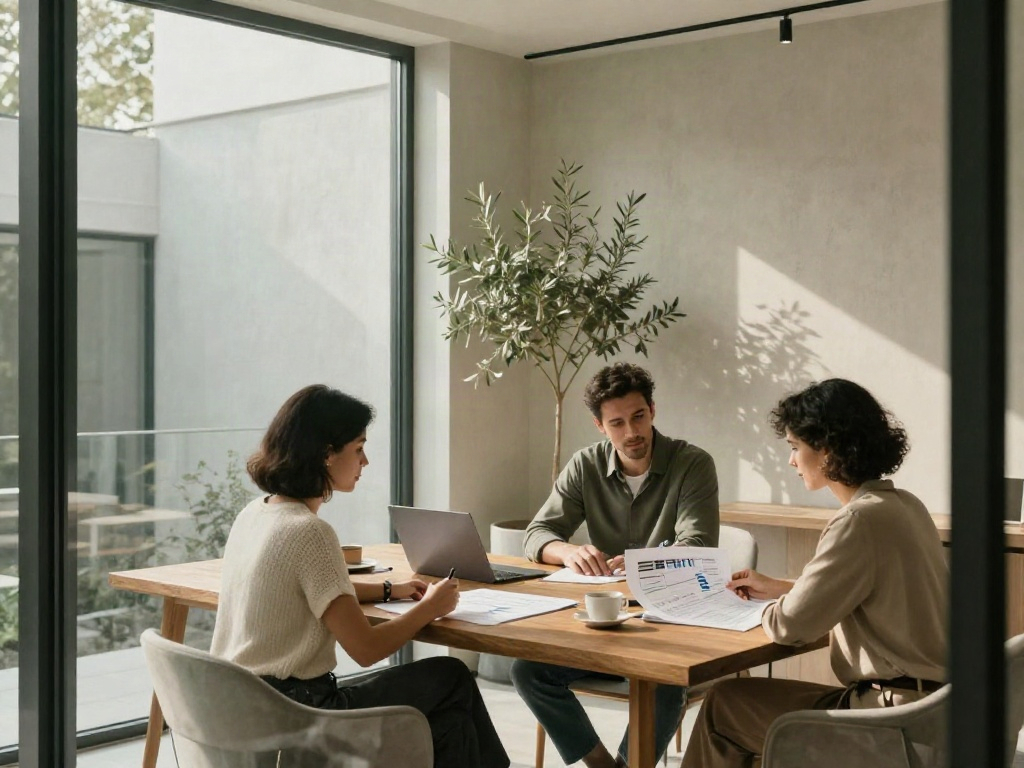 Consulting team reviewing business strategy together in a bright, contemporary meeting room